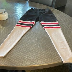 Women's Black and White Colorblock Leggings with Red & Pink Stripes